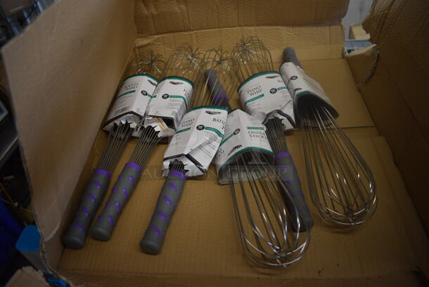 6 BRAND NEW IN BOX! Vollrath Stainless Steel Piano Whip Whisks. 18