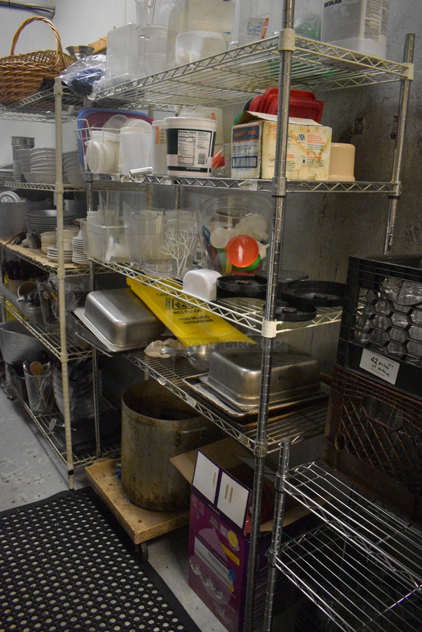 Chrome Finish 4 Tier Shelving Unit w/ Contents Including Poly Containers, Stainless Steel Bins and Stock Pot. 48x18x74. BUYER MUST REMOVE. BUYER MUST DISMANTLE. PCI CANNOT DISMANTLE FOR SHIPPING. PLEASE CONSIDER FREIGHT CHARGES. (kitchen) - Image 12 of 12