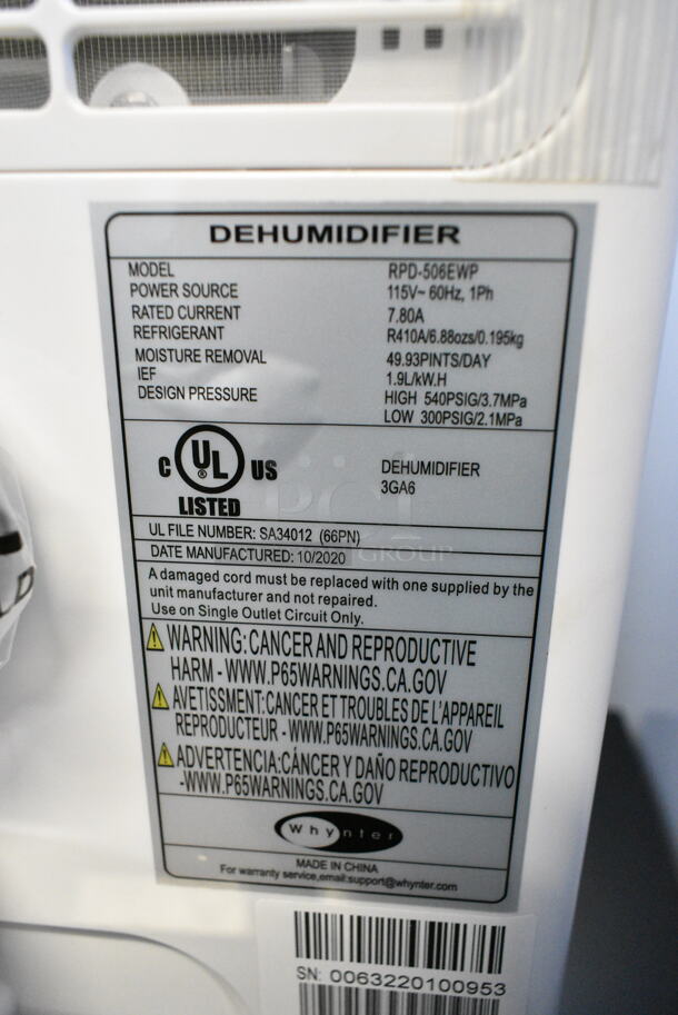 BRAND NEW SCRATCH AND DENT! Whynter Energy Star RPD-506EWP 50 Pint High Capacity Portable Dehumidifier with Pump up to 4000 sq ft. 115 Volts, 1 Phase. Tested and Working! - Image 10 of 10