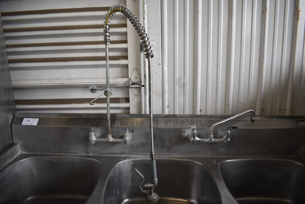 Stainless Steel Commercial 3 Bay Sink w/ Faucet, 2 Handle Sets and Spray Nozzle Attachment. 75x28x42. Bays 22x22x11 - Image 2 of 5