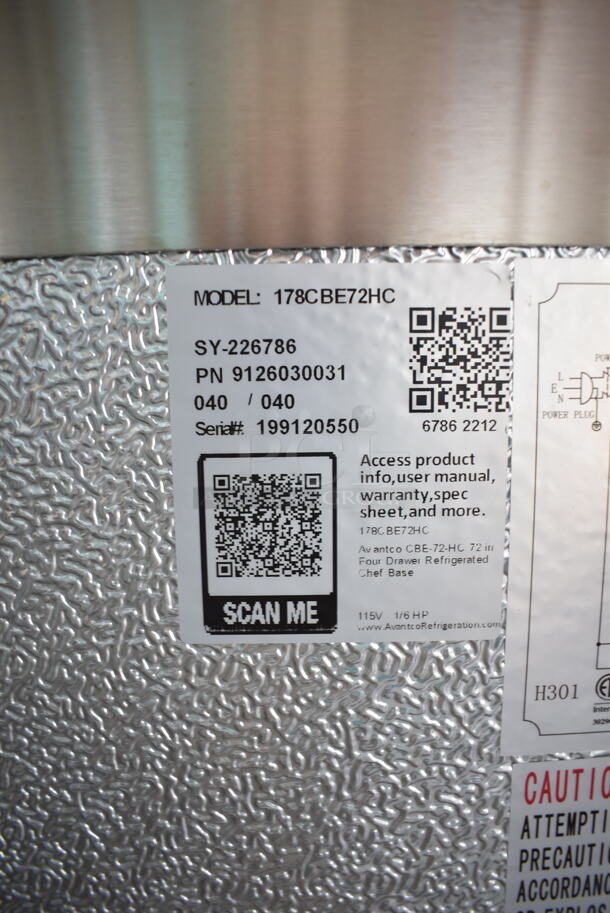 BRAND NEW SCRATCH AND DENT! 2022 Avantco 178CBE72HC Stainless Steel Commercial 4 Drawer Chef Base on Commercial Casters. 115 Volts, 1 Phase. Cannot Test - Needs New Power Switch - Image 10 of 10