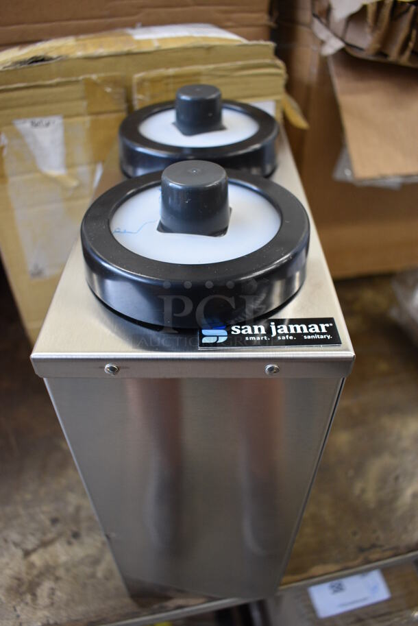 BRAND NEW! San Jamar Stainless Steel 2 Well Cup Dispenser. 5x10x14