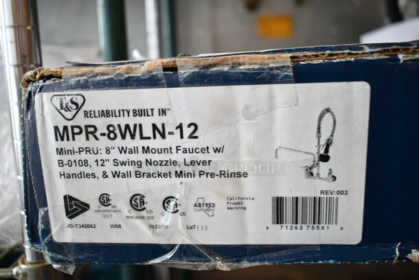 BRAND NEW SCRATCH AND DENT! T&S MPR-8WLN-12 EasyInstall Wall Mounted 22 1/8" High Mini Pre-Rinse Faucet with Adjustable 8" Centers, 1.07 GPM Ergonomic Spray Valve, 24" Hose, 12" Add-On Faucet, and 6" Wall Bracket  - Image 2 of 2