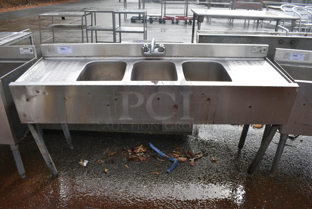 Stainless Steel 3 Bay Sink w/ Dual Drainboards, Faucet, Handles and Legs. 60x17.5x15.5. Bays 10x14x9. Drainboards 12x16x2. Legs 25