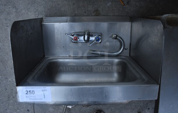 Advance Tabco Stainless Steel Commercial Single Bay Wall Mount Sink w/ Faucet, Handles and Splash Guards. 17.5x15.5x19