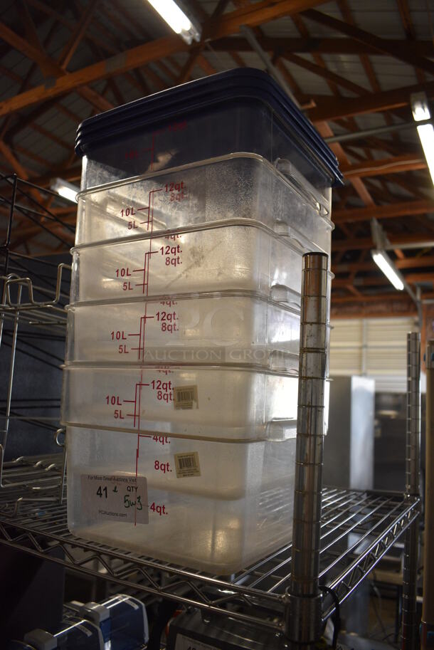 ALL ONE MONEY! Lot of 5 Clear Poly 12 Quart Containers w/ 3 Blue Lids. 11.5x11.5x8 - Image 3 of 4