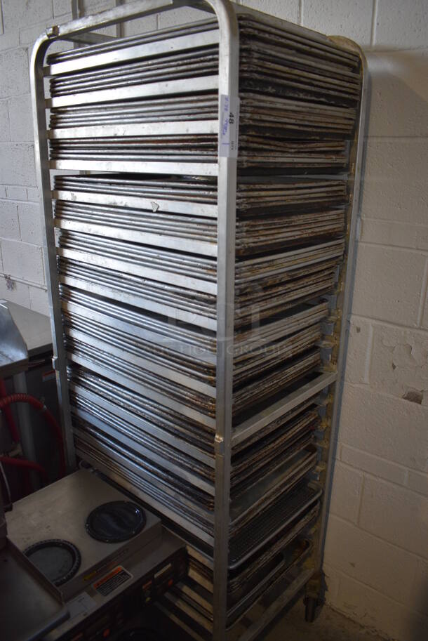 Metal Commercial Pan Transport Rack on Commercial Casters w/ 2 Metal Half Size Baking Pans and 72 Full Sizes Baking Pans. 20.5x26x69, 13x18x1, 18x26x1 - Image 4 of 4