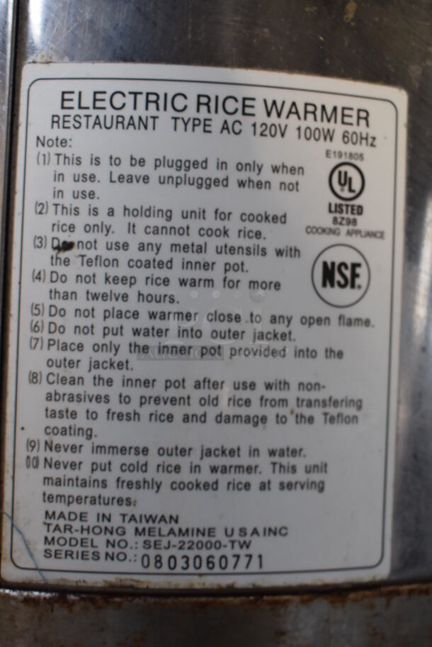 Thunder Group SEJ-22000 Stainless Steel Countertop Rice Warmer. 115 Volts, 1 Phase. Tested and Working! - Image 5 of 6