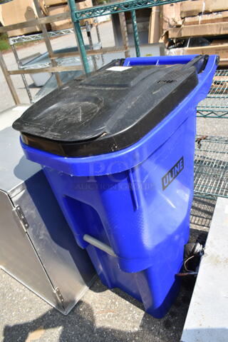 Uline Blue and Black Poly Trash Can. 