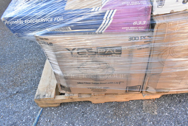 30 BRAND NEW! Items Including 394365L Noble Products Powder-Free Disposable Clear Vinyl Gloves for Foodservice - Large - 1000/Case, 394345L Noble NexGen Powder-Free Disposable Black Hybrid 3 Mil Thick Gloves - Large - 1000/Case, 395TO961 EcoChoice 9" x 6" x 3" Compostable Sugarcane / Bagasse 1 Compartment Take-Out Container - 200/Case, 552D6653 Chef & Sommelier D6653 47.36 oz. Open Up Decanter by Arc Cardinal - 2/Case, 130WSPOON Choice Medium Weight White Plastic Teaspoon - 1000/Case, 760WY9LT Lavex 9 oz. Translucent, Individually Wrapped Cups - 1000/Case, 395RP10PF EcoChoice No PFAS Added 10" Natural Bagasse Blend Plate - 500/Case. 30 Times Your Bid!  - Image 11 of 12