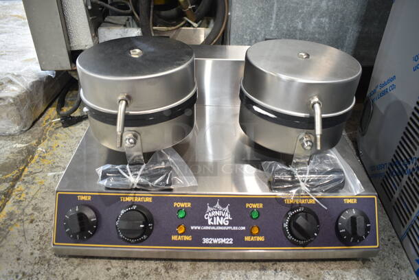 BRAND NEW SCRATCH AND DENT! 2023 Carnival King 382WSM22 Stainless Steel Commercial Countertop Double Waffle Maker. 120 Volts, 1 Phase. Tested and Working!  - Image 2 of 5