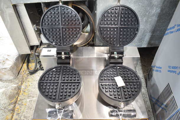 BRAND NEW SCRATCH AND DENT! 2023 Carnival King 382WSM22 Stainless Steel Commercial Countertop Double Waffle Maker. 120 Volts, 1 Phase. Tested and Working!  - Image 4 of 5