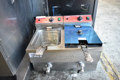 BRAND NEW SCRATCH AND DENT! 2023 Avantco 177F202 Stainless Steel Commercial Countertop Electric Powered 2 Bay Deep Fat Fryer w/ 2 Metal Baskets and 1 Lid. 208-240 Volts, 1 Phase. 