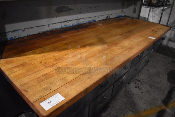 Metal Commercial Bakery Table w/ Butcher Block Countertop, Metal Over Shelves and 20 Drawers. 98x36x78 - Image 3 of 12