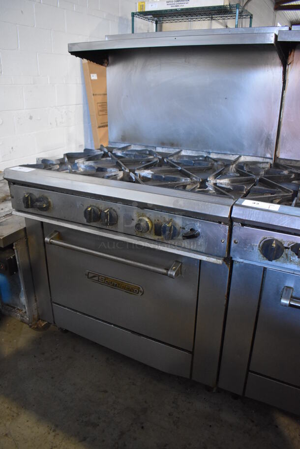 Southbend Stainless Steel Commercial Natural Gas Powered 6 Burner Range w/ Oven, Over Shelf and Back Splash. 36.5x34x59 - Image 1 of 5