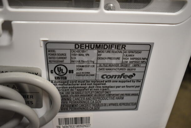 BRAND NEW SCRATCH AND DENT! Comfee CAD40C1BWT 40 Pint Dehumidifier. 115 Volts, 1 Phase. Tested and Working! - Image 5 of 5