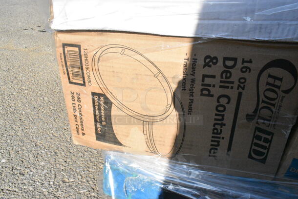 31 BRAND NEW Boxes Including 760IC08W Frozen Yogurt Cups Choice 8oz, 394325M Noble NexGen Powder-Free Disposable Blue Hybrid 3 Mil Thick Gloves M, 966UPWIDEB-500 OneUp by Choice White 2-Ply Wide Interfold 6 1/2" x 8 1/2" Dispenser Napkin - 6000/Case, 795PTOKFT3 Choice Kraft Microwavable Folded Paper #3 Take-Out Container 7 3/4" x 5 1/2" x 2 1/2", 150LFFBAG Carnival King 5" x 1" x 4" Large Kraft French Fry Bag - 2000/Case, 347TCL12 Choice 12 oz. Clear Disposable Plastic Tumbler - 500/Case, 128HD16COMBO Choice Heavy Duty 16 oz. Microwavable Translucent Plastic Deli Container and Lid Combo Pack - 240/Case, 127CH16F Choice 16 oz. Clear RPET Tall Hinged Deli Container - 200/Case, 2 Box 395RP07 EcoChoice Compostable Sugarcane / Bagasse 7" Plate - 1000/Case, 127CH08 Choice 8 oz. Clear RPET Tall Hinged Deli Container - 200/Case, 500CFT Lavex White C-Fold Standard Weight Towel - 2400/Case, 395TO881 EcoChoice 8" x 8" x 3" Compostable Sugarcane / Bagasse 1 Compartment Take-Out Box - 200/Case, 160TCPR83WH Choice 83" Round White Seamless 100% Spun Polyester Hemmed Cloth Table Cover, 347TCL12 Choice 12 oz. Clear Disposable Plastic Tumbler - 500/Case, Stolzle 3770002T Revolution 13 oz. White Wine Glass - 6/Pack, 182PB1824 Choice 18" x 24" Plastic Produce Bag on a Roll - 4/Case, 3 Box Fineline 3311-BK Platter Pleasers 9 1/4" Black Heavy-Duty Disposable Plastic Scalloped Serving Tongs - 24/Case. 31 Times Your Bid!  - Image 11 of 12