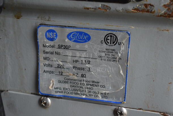 Globe SP30P Metal Commercial Floor Style 30 Quart Planetary Dough Mixer w/ Stainless Steel Mixing Bowl, Whisk, Paddle and Dough Hook Attachments. 220 Volts, 1 Phase.  - Image 9 of 9