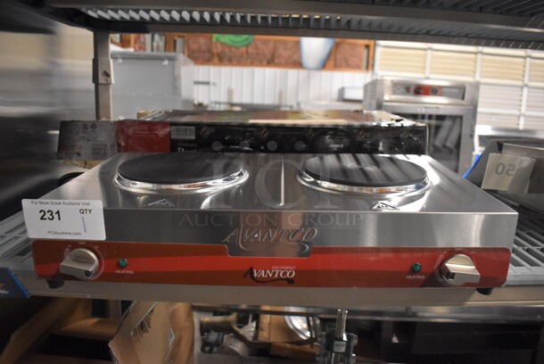 BRAND NEW! Avantco 177EB202SBSA Stainless Steel Countertop Double Burner Solid Top Portable Electric Hot Plate Range. 120 Volts, 1 Phase. 23x13x6. Tested and Working! - Image 1 of 8