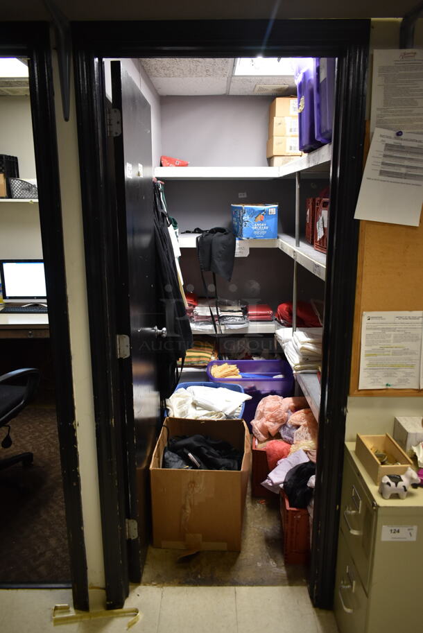 ALL ONE MONEY! ROOM LOT of Various items Including Linens and Aprons. BUYER MUST REMOVE. (dish room) - Image 1 of 5
