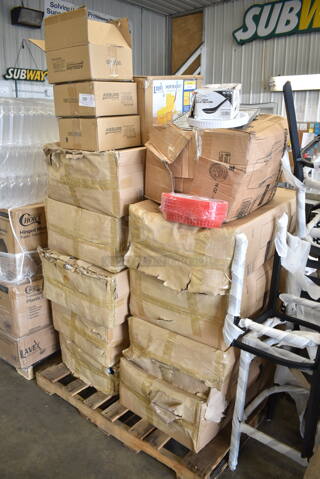 PALLET LOT of 15 BRAND NEW Boxes Including 50016W Choice 16 oz. White Poly Paper Hot Cup - 1000/Case, 130SPNASIABK Visions 5 1/2" Black Plastic Asian Soup Spoon - 200/Case, 176BSKT117RD Choice 11" x 7" x 1 1/2" Red Oval Plastic Fast Food Basket - 12/Pack, 3 Box Assure 190FLSTR105 10" Flanged Floor Drain Strainer (3/16" Perforations), 9 Box 475DW9HRSDBK Lancaster Table & Seating 9 Gallon Black Powder-Coated Metal Half Round Decorative Waste Receptacle with Side Opening, Lavex 274MBCKT26YL Lavex 26 Qt. Yellow Mop Bucket and Side Press Wringer Combo, BioStar Can Liners, 966TALLFLDB Choice White Tall-Fold 6" x 13" Dispenser Napkin - 8000/Case, 8 Box 347RPBD7WHGD Visions 7" White Plastic Plate with Gold Bands - 150/Case, 3 Box Choice Plastic Deli Saddle Bag, 267810005G Acopa Phoenix Gold 8 1/4" 18/0 Stainless Steel Forged Dinner Fork - 12/Case, 2 Box 394385L Noble Large Gloves, GET R-15SS200 1.5 oz. Stainless Steel Condiment Cup - 12/Case. 15 Times Your Bid!