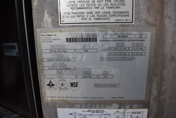 2011 Pitco Frialator SFSG6H Stainless Steel Commercial Floor Style Natural Gas Powered Deep Fat Fryer w/ Automatic Lifting System on Commercial Casters. 140,000 BTU. 20x34.5x69 - Image 7 of 8