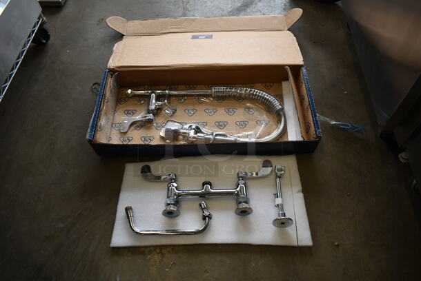 BRAND NEW SCRATCH AND DENT! T&S MPY-8DWN-08-CR EasyInstall Deck Mounted 24 3/4" High Mini Pre-Rinse Faucet with Adjustable 8" Centers, Low Flow Spray Valve, 4" Wrist Action Handles, 24" Hose, 8" Add-On Faucet, and 6" Wall Bracket - Image 2 of 6