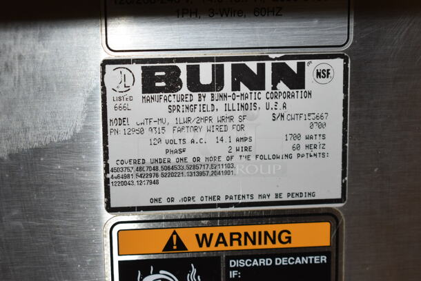 Bunn CWTF-MV Stainless Steel Commercial Countertop 3 Burner Coffee Machine w/ Hot Water Dispenser. 120 Volts, 1 Phase.  - Image 6 of 6