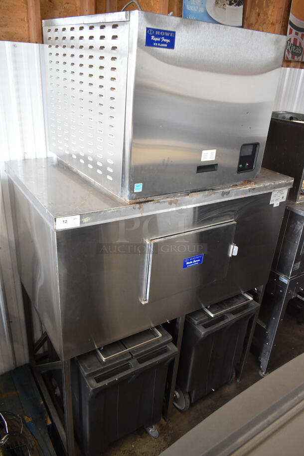 Howe Stainless Steel Commercial Ice Head on CP1500 Stainless Steel Ice Bin w/ 2 Black Poly Portable Ice Bins. 120 Volts, 1 Phase