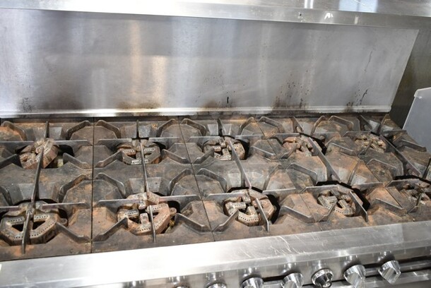 Dynamic Cooking Systems DCS 60-10-2N Stainless Steel Commercial Natural Gas Powered 10 Burner Range w/ 2 Ovens, Over Shelf and Back Splash.  - Image 3 of 6