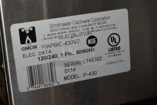 2014 Grindmaster P-430 Stainless Steel Commercial Countertop Dual Coffee Machine w/ Hot Water Dispenser, 2 Satellite Servers and 2 Metal Brew Baskets. 120/240 Volts, 1 Phase.  - Image 9 of 9