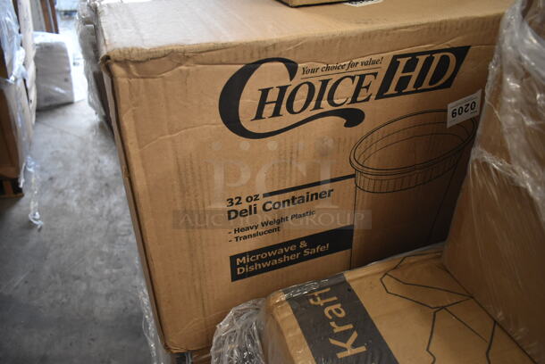 PALLET LOT of 20 BRAND NEW Boxes Including 500TW9 Choice 9 oz. Translucent Thin Wall Plastic Cold Cup - 2500/Case, Tellus Products 9" x 9" No PFAS Added Natural Bagasse Clamshell Container - 200/Case, 394345M Noble Medium Gloves, 394365M Noble Products Powder-Free Disposable Clear Vinyl Gloves for Foodservice - Medium - 1000/Case, 500CC12 Choice Clear PET Customizable Plastic Cold Cup - 12 oz. - 1000/Case, 500CC9 Choice 9 oz. Clear PET Customizable Plastic Squat Cold Cup - 1000/Case, 5008DWALLC Choice 8 oz. Tall Coffee Break Print Smooth Double Wall Paper Hot Cup - 500/Case, 129MCR32B Choice 32 oz. Black Round Microwavable Heavy Weight Container with Lid 7 1/4" - 150/Case, 2 Box 346WSNSM Choice Medium Weight White Wrapped Plastic Spork, Straw, and Napkin Kit - 1000/Case, 74555-0150 Pizza Trays, Choice 32 oz. Clear RPET Hinged Deli Container - 200/Case, 433W8BGC Choice 8 lb. White Paper Bag - 500/Case. 20 Times Your Bid! - Image 12 of 12