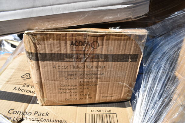PALLET LOT of 24 BRAND NEW Boxes Including Dart 16J16 16 oz. White Customizable Foam Cup - 1000/Case, Dart 99HT1R 10" x 5 1/4" x 3" White Foam Hoagie Take Out Container with Perforated Hinged Lid - 500/Case, 50020CAFE Choice 20 oz. Café Print Poly Paper Hot Cup - 600/Case, 129MCS24B Choice 24 oz. Black Rectangular Microwavable Heavy Weight Container with Lid 8" x 5 1/4" x 2" - 150/Case, 966TALLFLDB Choice White Tall-Fold 6" x 13" Dispenser Napkin - 8000/Case, 303A45BWRAMF Acopa 4.5 oz. Bright White Fluted Porcelain Ramekin - 48/Case, 788410277WH Hoffmaster 410277 14" x 19" White Embossed Traymat with Scalloped Edge - 1000/Case, 500MFT Lavex White M-Fold (Multifold) Towel - 4000/Case, 999PTOKFT8 Kraft Microwavable Folded Paper. 24 Times Your Bid!  - Image 10 of 12