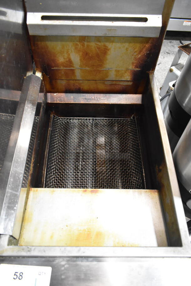 Vulcan LG300-1 Stainless Steel Commercial Floor Style Natural Gas Powered Deep Fat Fryer w/ 2 Metal Fry Baskets and Left Side Splash Guard on Commercial Casters. 90,000 BTU.  - Image 3 of 5