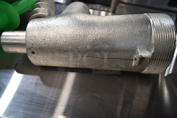 BRAND NEW SCRATCH AND DENT! Metal Commercial Meat Grinder Attachment w/ Tray and Pusher. See Pictures for Crack on Underside - Image 8 of 8