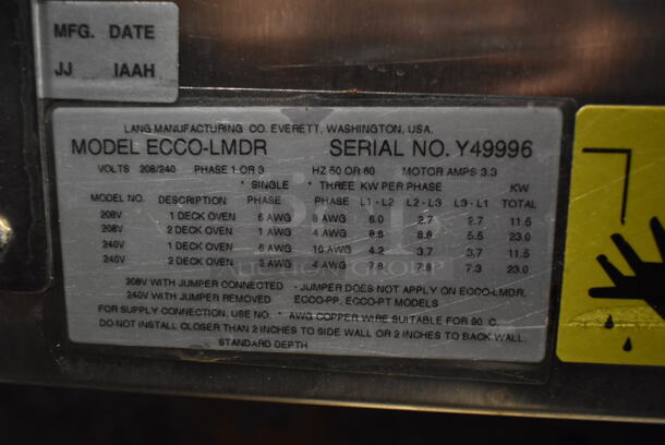 2 Lang ECCO-LMDR Stainless Steel Commercial Electric Powered Full Size Convection Oven w/ View Through Doors and Metal Oven Racks. 208/240 Volts, 1/3 Phase. 2 Times Your Bid! - Image 12 of 12
