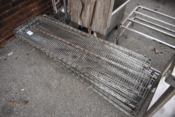 ALL ONE MONEY! Lot of 8 Chrome Finish Wire Shelves and 8 Poles. Includes 60x18x1.5, 72x18x1.5 - Image 2 of 3