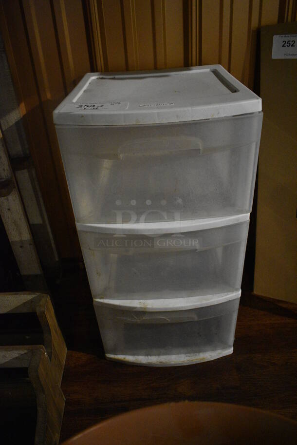 ALL ONE MONEY! Lot of White and Clear 2 Drawer Filing Cabinet and 4 Poly Planters. 16x16x14, 12.5x14.5x24. (bar) - Image 3 of 3