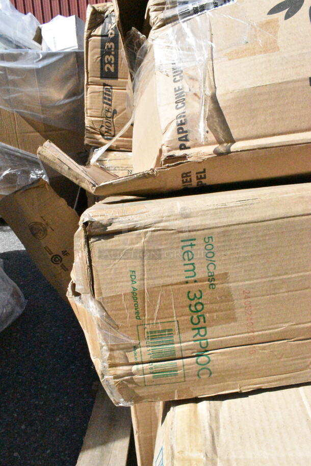 15 BRAND NEW Boxes Including 500CC20 Choice Clear PET Customizable Plastic Cold Cup - 20 oz. - 600/Case, 795PTOKFTW4 Choice Kraft Folded Paper #4 Take-Out Container with Window 7 3/4" x 5 1/2" x 3 1/2" - 140/Case, Bare by Solo 4BR-2050 Eco-Forward 4 oz. White Rolled Rim Paper Cone Cup with Poly Bag Packaging - 5000/Case, 612BG23SMALL Choice HD Smoothwall Black andGold Takeout Pan, 433NHT101 Choice 1/6 Standard Size White "Thank You" Medium-Duty Plastic T-Shirt Bag - 1000/Case, 978LAVP20FB Lavex Black Nylon Floor Scrubbing Brush, Cone Cups. 15 Times Your Bid!  - Image 10 of 12