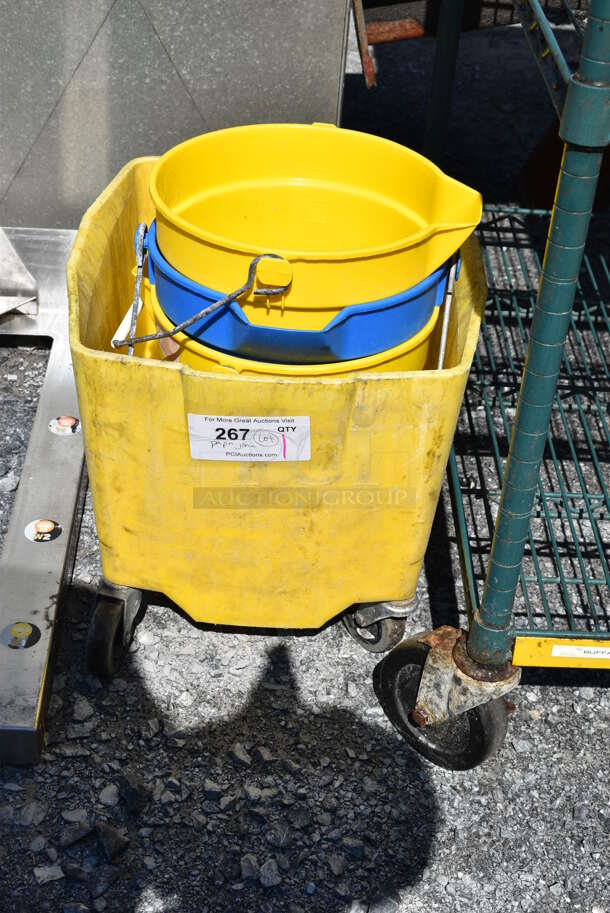 ALL ONE MONEY! Lot of Yellow Poly Mop Bucket, 2 Yellow Poly Buckets and 1 Blue Poly Bucket. Includes 17x18x15
