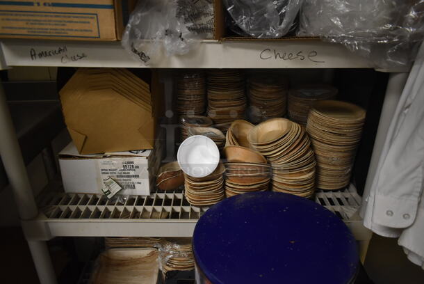 Tan Poly 6 Tier Shelving Unit w/ Contents Including Paper Products. BUYER MUST REMOVE: BUYER MUST DISMANTLE. PCI CANNOT DISMANTLE FOR SHIPPING. PLEASE CONSIDER FREIGHT CHARGES. (dish room) - Image 4 of 7