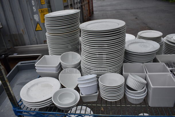 ALL ONE MONEY! Lot of 4 Tiers of Various Smallwares Including White Ceramic Dishes, 3 Tier Stand. Does Not Include Shelving Unit - Image 6 of 8