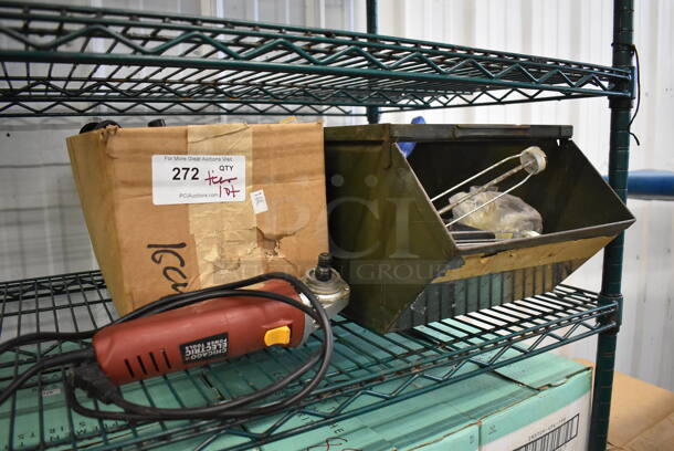 ALL ONE MONEY! Tier Lot of Various Items Including Chicago Electric Power Tool, Paint Brush Rollers and Metal Bin