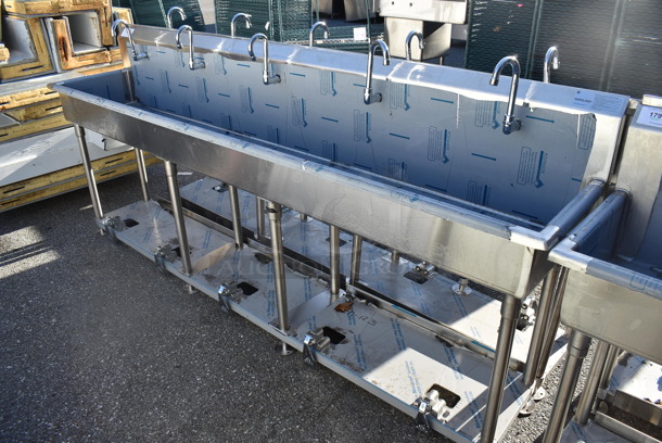 BRAND NEW SCRATCH AND DENT! Advance Tabco FS-FMM-100FV Stainless Steel 16 Gauge Multi Station Hand Sink w/ 5 Faucets, 5 Foot Pedals and Under Shelf. 100x18.5x44 - Image 6 of 7