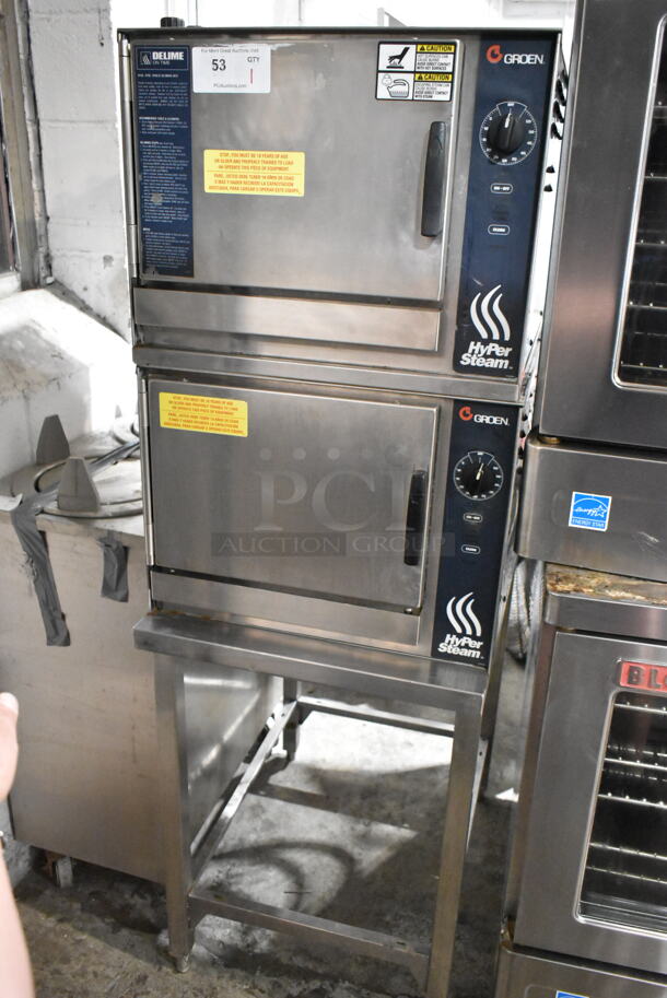 2 2018 Groen HyPer Steam HY-3E Stainless Steel Commercial Electric Powered Single Deck Steam Cabinets on Stand. 208 Volts, 1/3 Phase. 2 Times Your Bid!