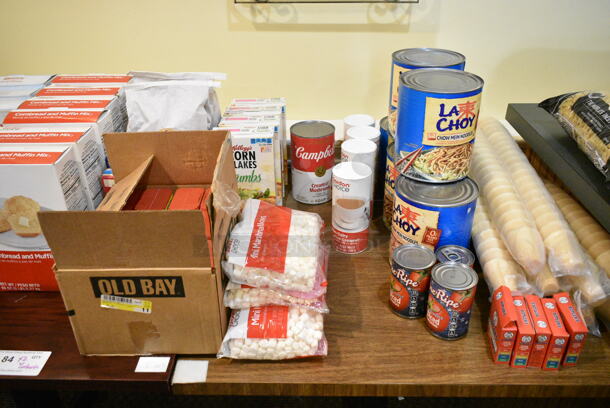 2 Wood Pattern Table w/ Contents Including Muffin Mix, Chow Mein Noodles. 44x30x30, 30x30x30. 2 Times Your Bid! (main dining room) - Image 3 of 4