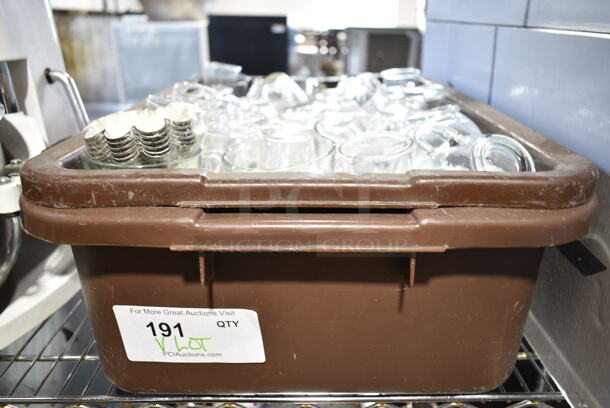 ALL ONE MONEY! Lot of Brown Bus Bin w/ Contents Including Glasses and Metal Muffin Tins - Image 5 of 5