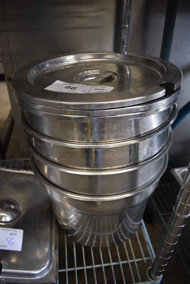 4 Stainless Steel Cylindrical Drop In Bins w/ 3 Lids. 11.5x11.5x8.5. 4 Times Your Bid!