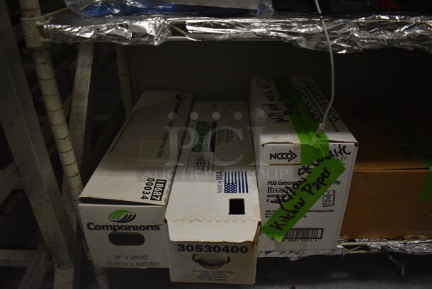 White 5 Tier Wire Shelving Unit w/ Contents Including Soup, Utensils and Receipt Paper Rolls. BUYER MUST REMOVE. BUYER MUST DISMANTLE. PCI CANNOT DISMANTLE FOR SHIPPING. PLEASE CONSIDER FREIGHT CHARGES. 48x18x75. (kitchen) - Image 9 of 10