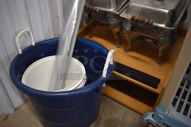 ALL ONE MONEY! Lot of Various Items Including Wood Pattern Podium, Blue Bucket and 2 Metal Chafing Dishes - Image 4 of 4